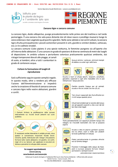 Zanzara tigre e zanzara comune.
Vademecum per la popolazione.